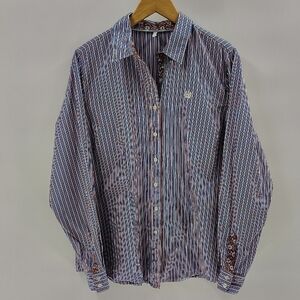 Cinch Button Up Size XXL Blue Orange Stripe Western Long Sleeve Top